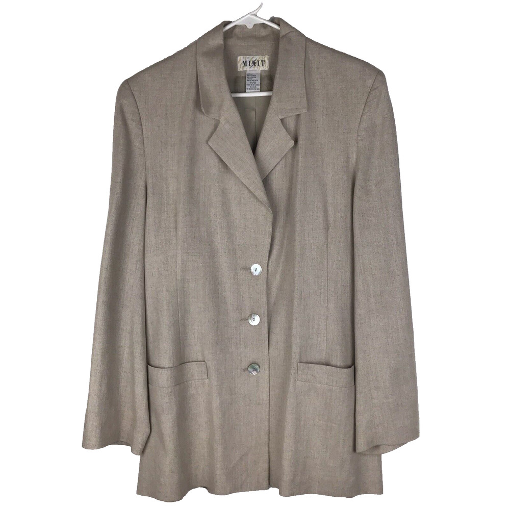 MIXIT Linen Blend Long Line Blazer Lined Tan Pockets Iridescent Buttons Sz 11/12